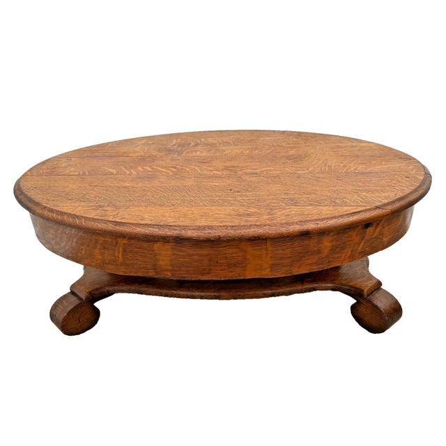 Antique Oval Coffee Table, Tiger Oak, Drawer, Shelf, Petite Size, Empire Style For Sale In Palm Springs - Image 6 of 11