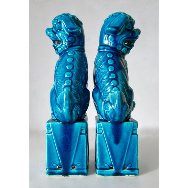Vintage. C.1935-50's (Japan) Ceramic Porcelain Cerulean Blue Glazed Foo Dogs - Pair For Sale - Image 9 of 18
