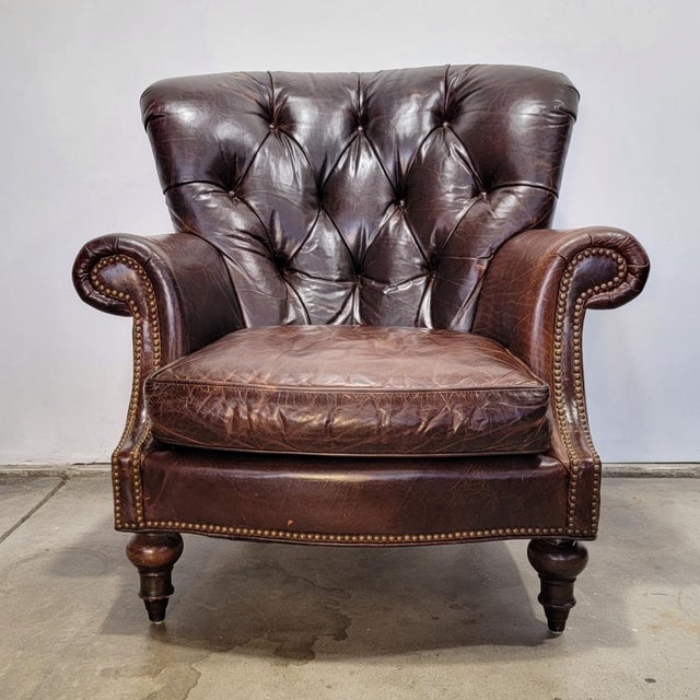 Vintage Tufted Chesterfield Leather Cigar Lounge Chair by Century for