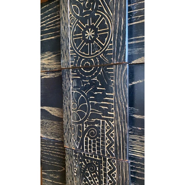 1940s 1940s Mid Century Vintage Bauhaus Arts + Crafts Black Cerused Oak With Stylized Botanical Hand Carved Pillar and Pulls For Sale - Image 5 of 12