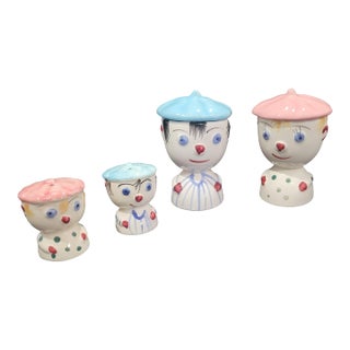 Vintage Boy & Girl Egg Cups Salt Pepper Shakers Japan Kitsch 1950 Fun Set Blue Pink - Set of 4 For Sale