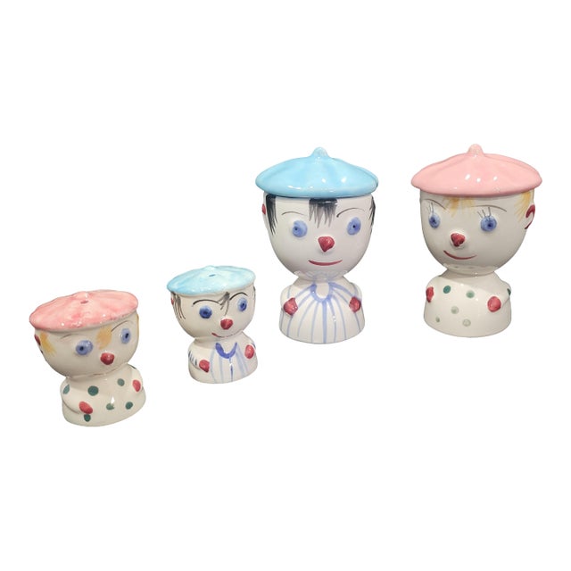 Vintage Boy & Girl Egg Cups Salt Pepper Shakers Japan Kitsch 1950 Fun Set Blue Pink - Set of 4 For Sale