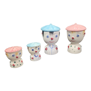 Vintage Boy & Girl Egg Cups Salt Pepper Shakers Japan Kitsch 1950 Fun Set Blue Pink - Set of 4