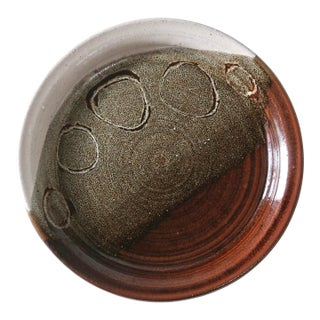Mid Century Modern 1977 Studio Pottery Plate in Two-Tone Glaze With Circular Impressions For Sale