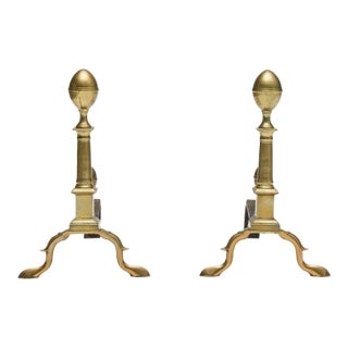 Tall Antique 18th Century Boston American Federal Column Form Brass Andirons With Lemon Top Finials Circa 1790 - A Pair For Sale