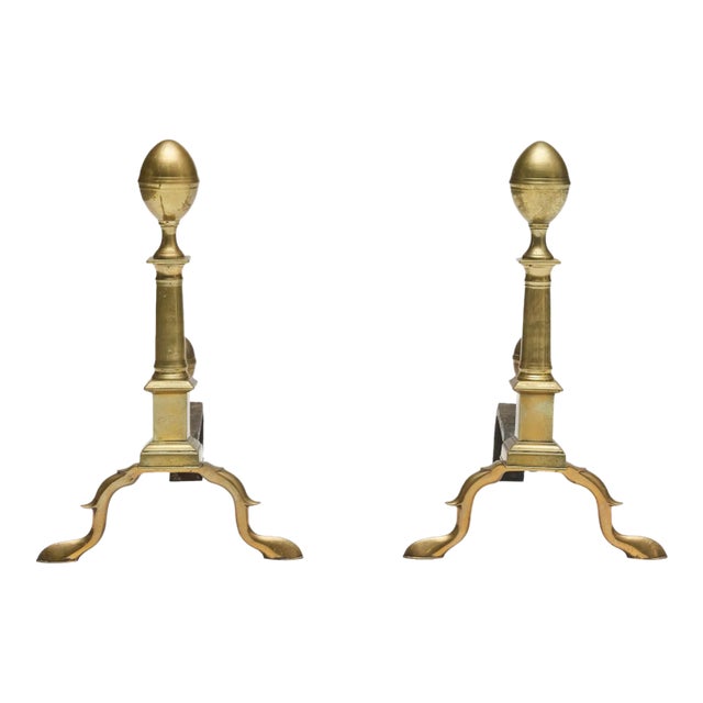 Tall Antique 18th Century Boston American Federal Column Form Brass Andirons With Lemon Top Finials Circa 1790 - A Pair For Sale