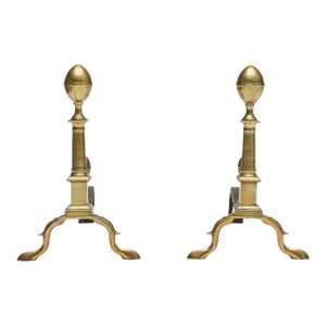 Tall Antique 18th Century Boston American Federal Column Form Brass Andirons With Lemon Top Finials Circa 1790 - A Pair