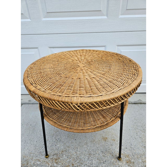 Mid-Century Modern 60s Round Wicker Rattan Side Table Brass Ball Feet For Sale - Image 3 of 14