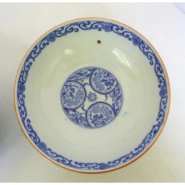 Blue Pair of Japanese Porcelain Bowls With Transfer Design in Blue / White 1950s For Sale - Image 8 of 11