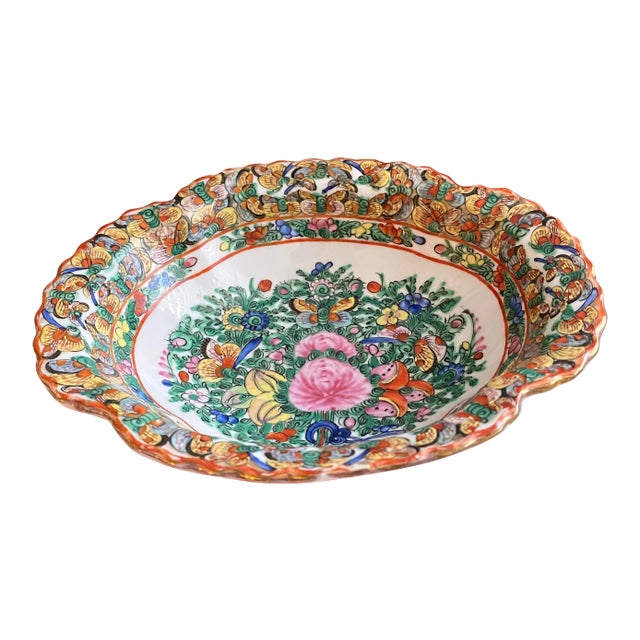 Vintage 1920s Chinoiserie Famille Rose Thousand Butterflies China Oval Bowl For Sale