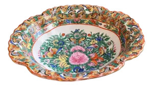 Vintage 1920s Chinoiserie Famille Rose Thousand Butterflies China Oval Bowl