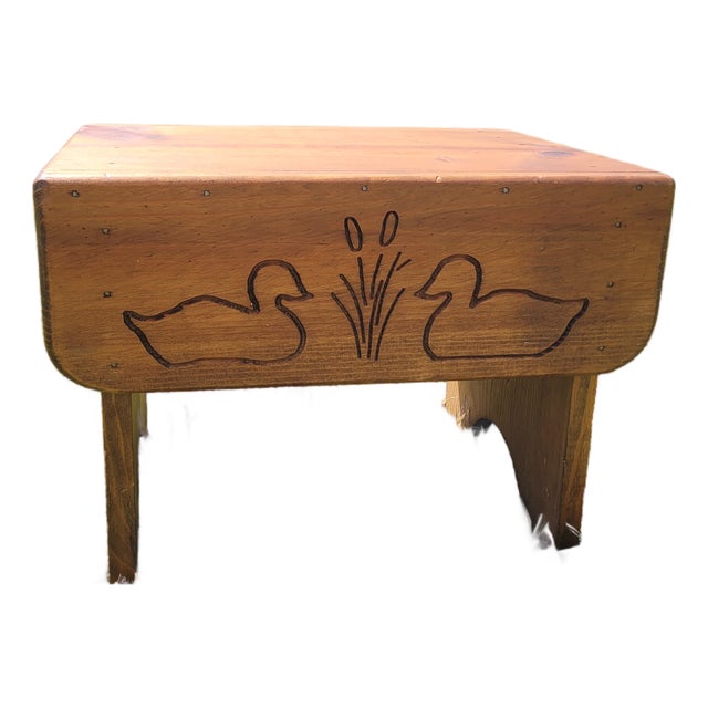 Rustic Pine Step Stool With Heart Cut-Outs and Etched Mallard Scene For Sale