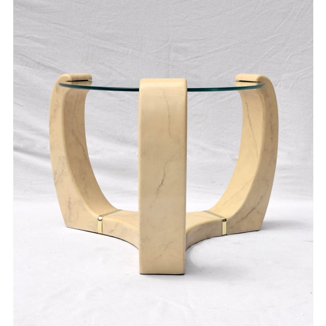 Karl Springer Postmodern End Tables After Karl Springer With Faux Goatskin Finish, Glass Tops For Sale - Image 4 of 13