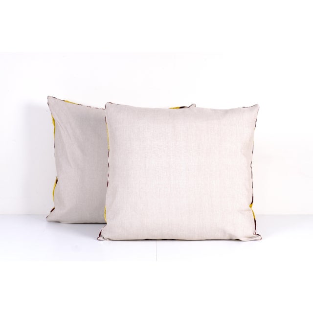 Yellow and Burgundy Silk Ikat Velvet Pillow Cover - A Pair For Sale - Image 4 of 4