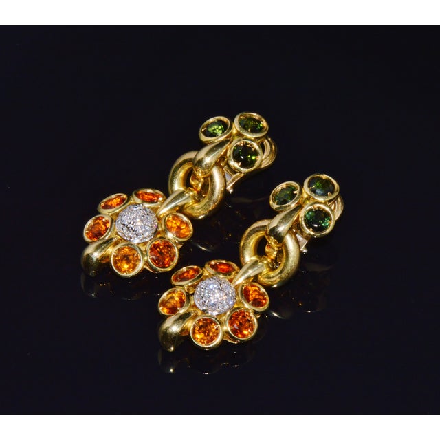 Authentic Vintage Piero Milano 5.40Cts Natural Spessartite Garnet Green Tourmaline Diamond Solid 18k Gold Earrings, Pair For Sale - Image 9 of 16