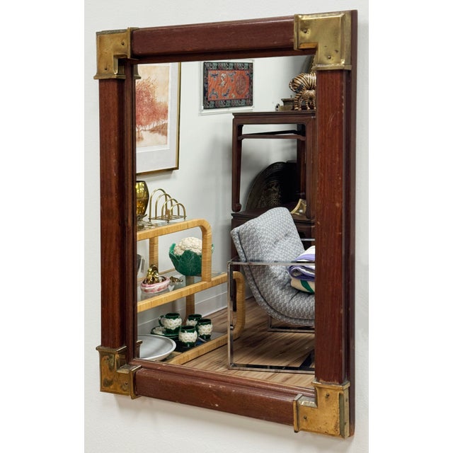 Vintage Solid Wood Wall Mirror With Campaign Brass Hardware For Sale - Image 4 of 7