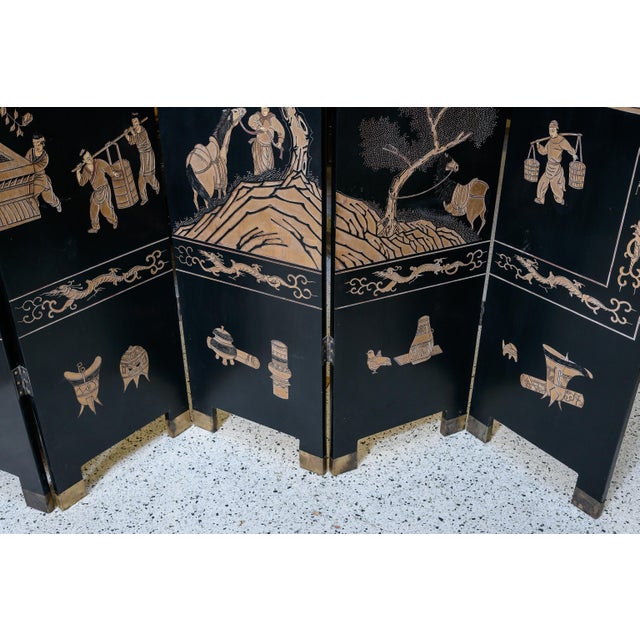 Wood Eight Panel Black Oriental Screen For Sale - Image 7 of 10