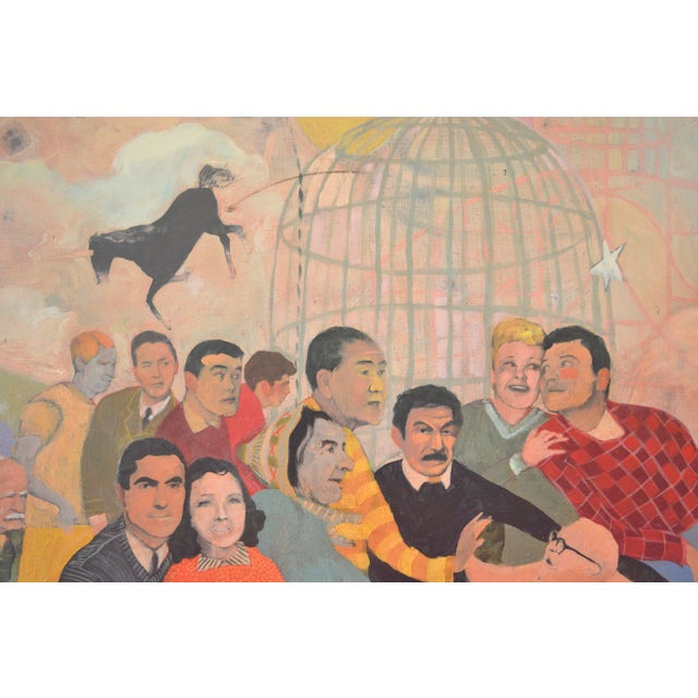 A dynamic acrylic and collage work by Jeffrey Vincent. Human and animal characters populate the foreground of the scene,...