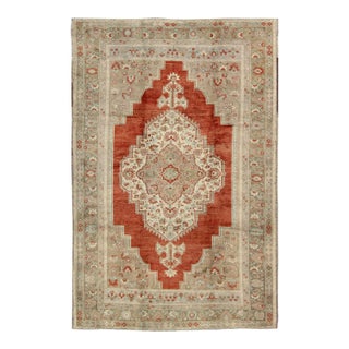 Mid 20th Century Turkish Oushak Rug in Orange Red, Light Green, Warm Taupe and Cream Colors For Sale
