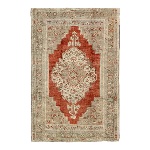 Mid 20th Century Turkish Oushak Rug in Orange Red, Light Green, Warm Taupe and Cream Colors For Sale