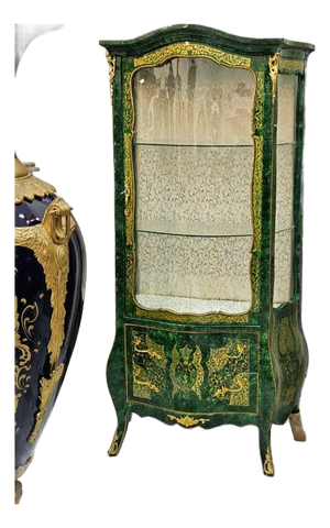 1990s Emerald Green Curio Cabinet With Gold Leaf Accents, Glass Display Shelves & Bombe Base