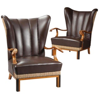 1940s Vintage Danish Leather Wingback Chairs - A Pair For Sale