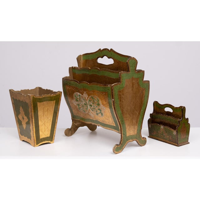 Set of Three pieces Florentine wear .Newspaper rack Letter holder and Paper basket . Fruit wood Green and Gold . 1960s...