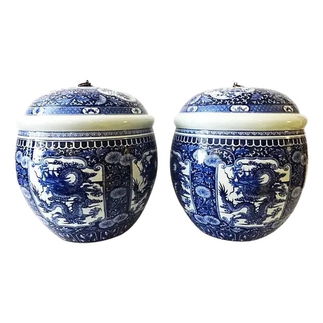 Vintage Large Blue and White Porcelain Dragon Ginger Jars S/2 For Sale