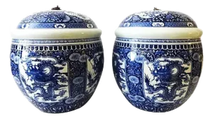 Vintage Large Blue and White Porcelain Dragon Ginger Jars S/2