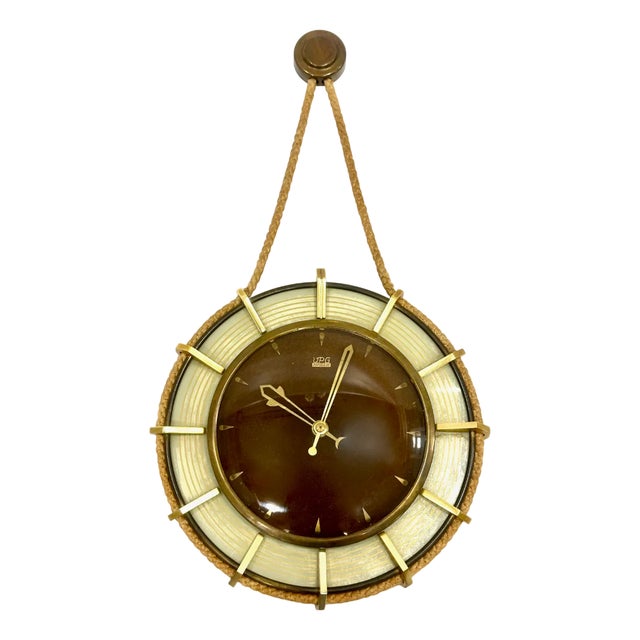 German Brass Wind Up Wall Clock with Rope Hanger by UPG Halle, 1960s For Sale