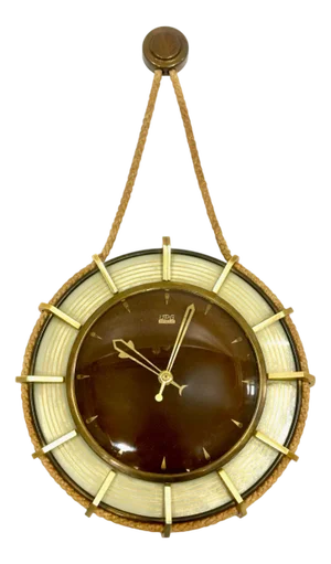 German Brass Wind Up Wall Clock with Rope Hanger by UPG Halle, 1960s