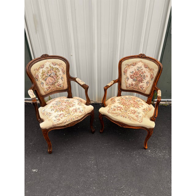 Early 20th Century French Walnut Needlepoint Arm Chairs- A Pair For Sale - Image 10 of 12