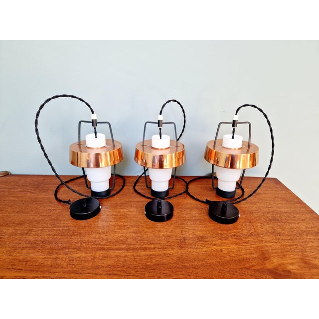 Scandinavian Pendant Lights in White Opaline and Copper Metal, 1960s, Set of 3 For Sale - Image 17 of 18