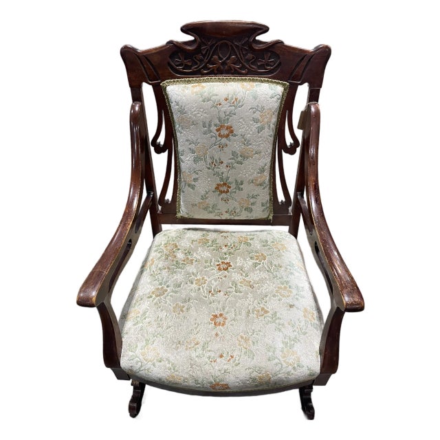 Late 19th Century Mahogany Art Nouveau Rocking Chair With Floral Upholstery For Sale