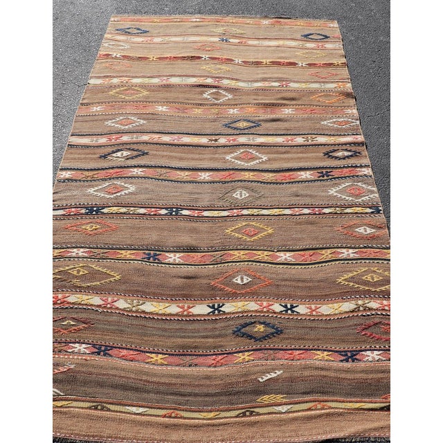 Brown Geometric Stripe Design Turkish Vintage Kilim Rug in Warm Earth Tones For Sale - Image 8 of 12
