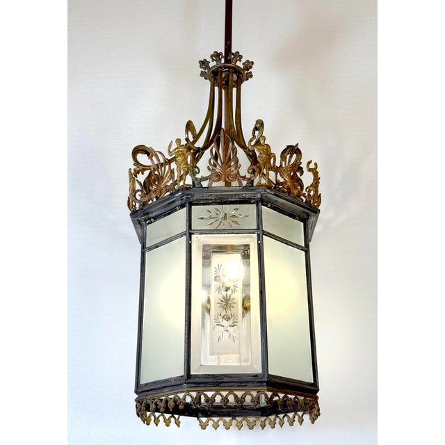 Neoclassical Antique Neoclassical Bronze & Etched Glass Ceiling Lantern For Sale - Image 3 of 11