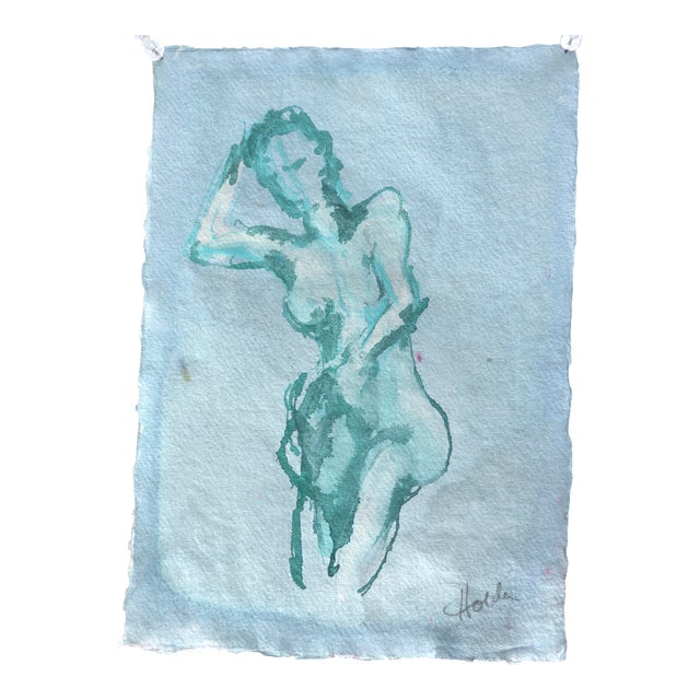"Blue Nude" Contemporary Figurative Blue and White Ink Drawing For Sale