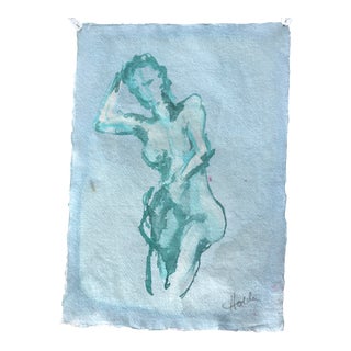 "Blue Nude" Figurative Blue and White Ink Drawing For Sale