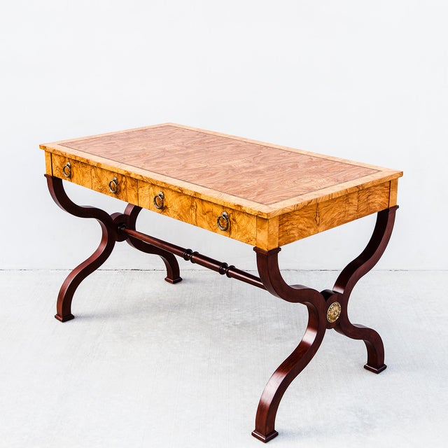 Restored Burl & Brass Vintage Regency Writing Desk by Baker For Sale - Image 15 of 15