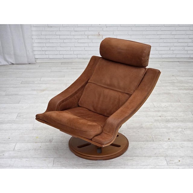 Swedish Swivel Armchair in Nubuck Leather, Canvas and Beech Bentwood, 1980s For Sale - Image 16 of 18