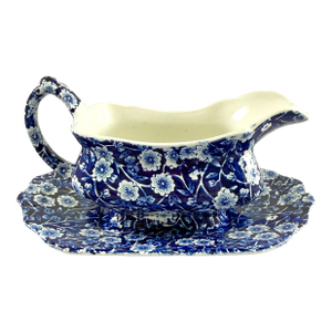 1940s Crownford China Blue Calico Gravy Boat & Underplate