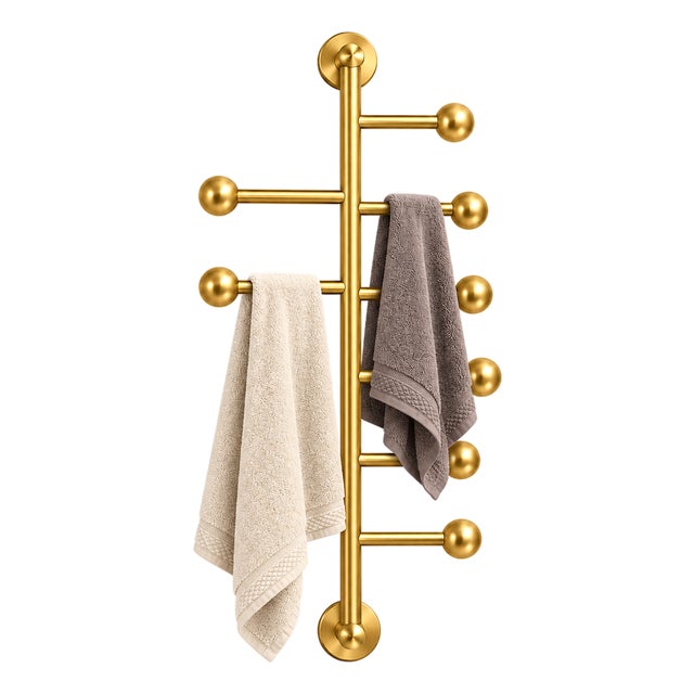 Brass Wall Mounted Towel Rack | Vertical Multi-Arm Towel Holder | Luxury Bathroom Decor | Modern Brass Towel Bar With Finials 36 Inches For Sale