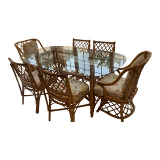 Vintage Ficks Reed Vintage Rattan Dining Set- Glass Top- 6 Chairs For Sale