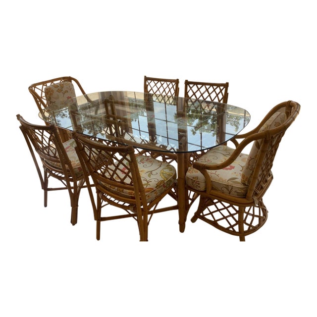Vintage Ficks Reed Vintage Rattan Dining Set- Glass Top- 6 Chairs For Sale