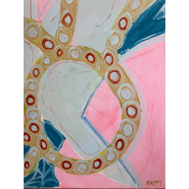 Teal Large Contemporary Abstract Acrylic Painting – Pink, Teal & Circular Motif For Sale - Image 8 of 11