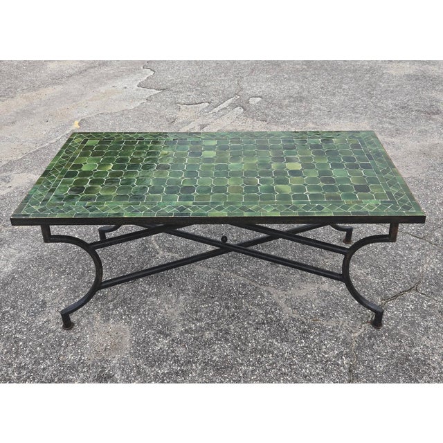 Moroccan 48" Rectangular Handmade Moroccan Tamegroute Green Mosaic Coffee Table For Sale - Image 3 of 8