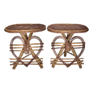 Pair of Late 20th Century High-End Bent Twig Adirondack Side Tables With Heart Bases For Sale
