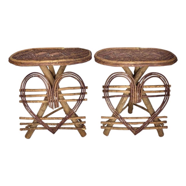 Pair of Late 20th Century High-End Bent Twig Adirondack Side Tables With Heart Bases For Sale