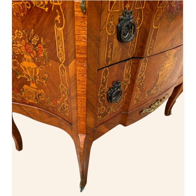 1960s Vintage Louis XV Style Floral Marquetry Bombe Commode With Marble Top For Sale - Image 5 of 18