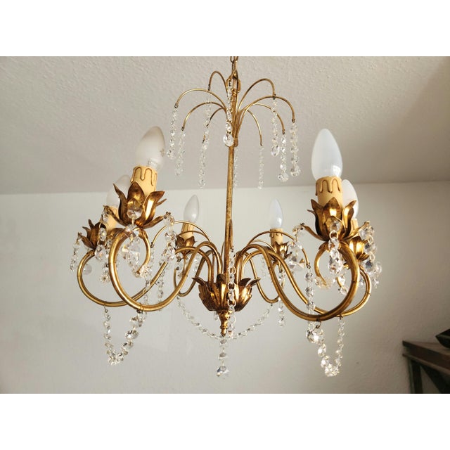 1970s Vintage Hollywood-Regency Gold-Plated Cascade 6-Light Waterfall Chandelier with Crystal Pendants, 1960s For Sale - Image 5 of 18